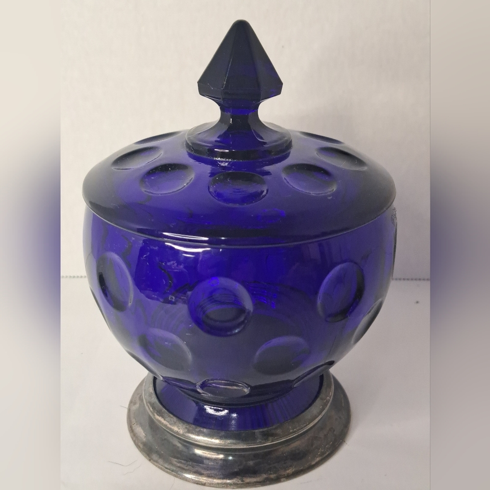Vintage Cobalt Blue Covered Sugar Bowl/Candy Dish with sliver plated base.